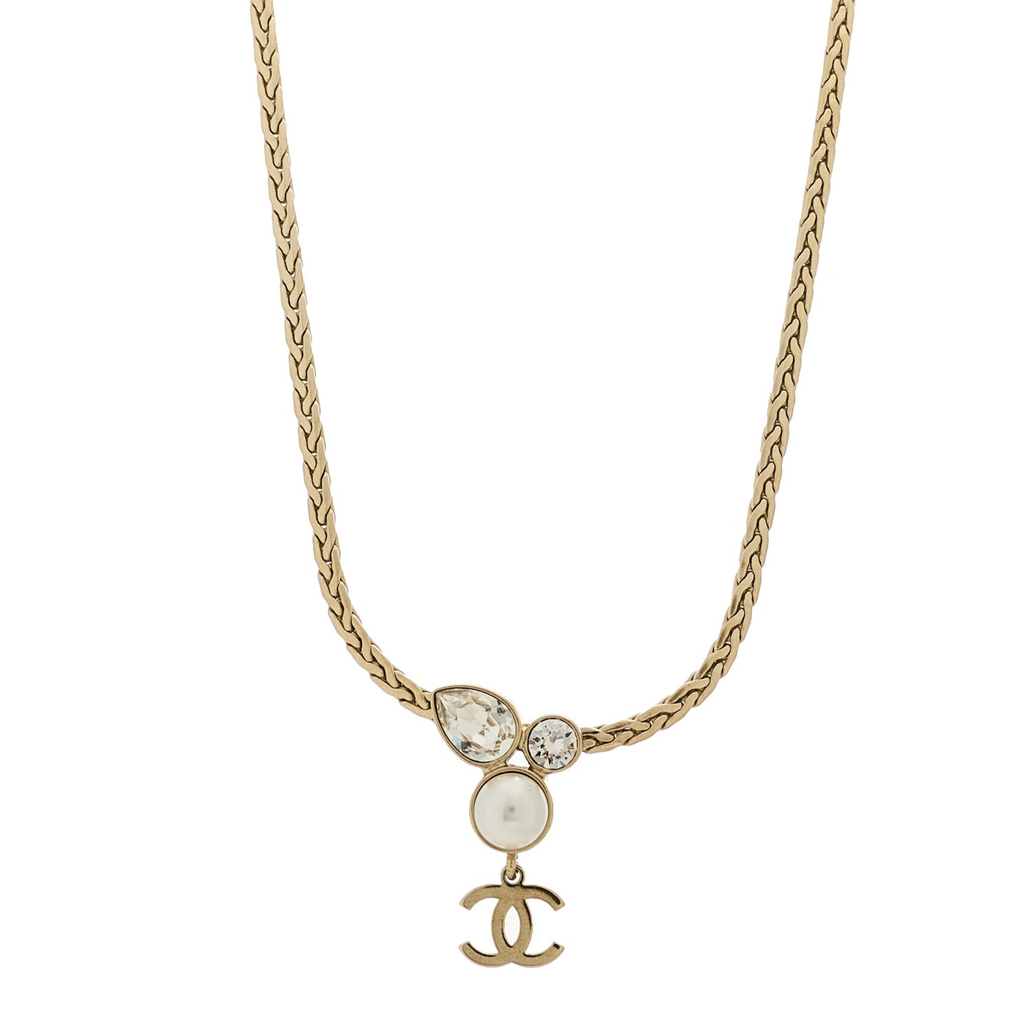 Crystal Pearl CC Drop Necklace Gold