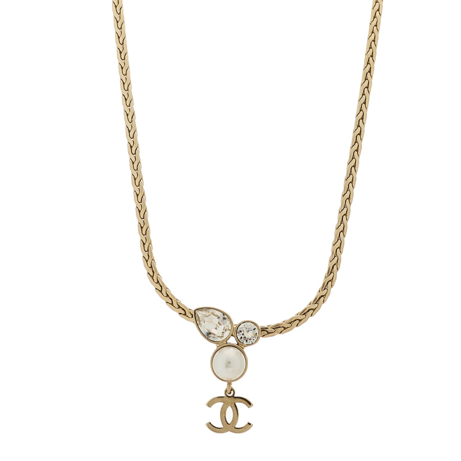 Chanel Crystal Pearl CC Drop Necklace Gold 1 of 5