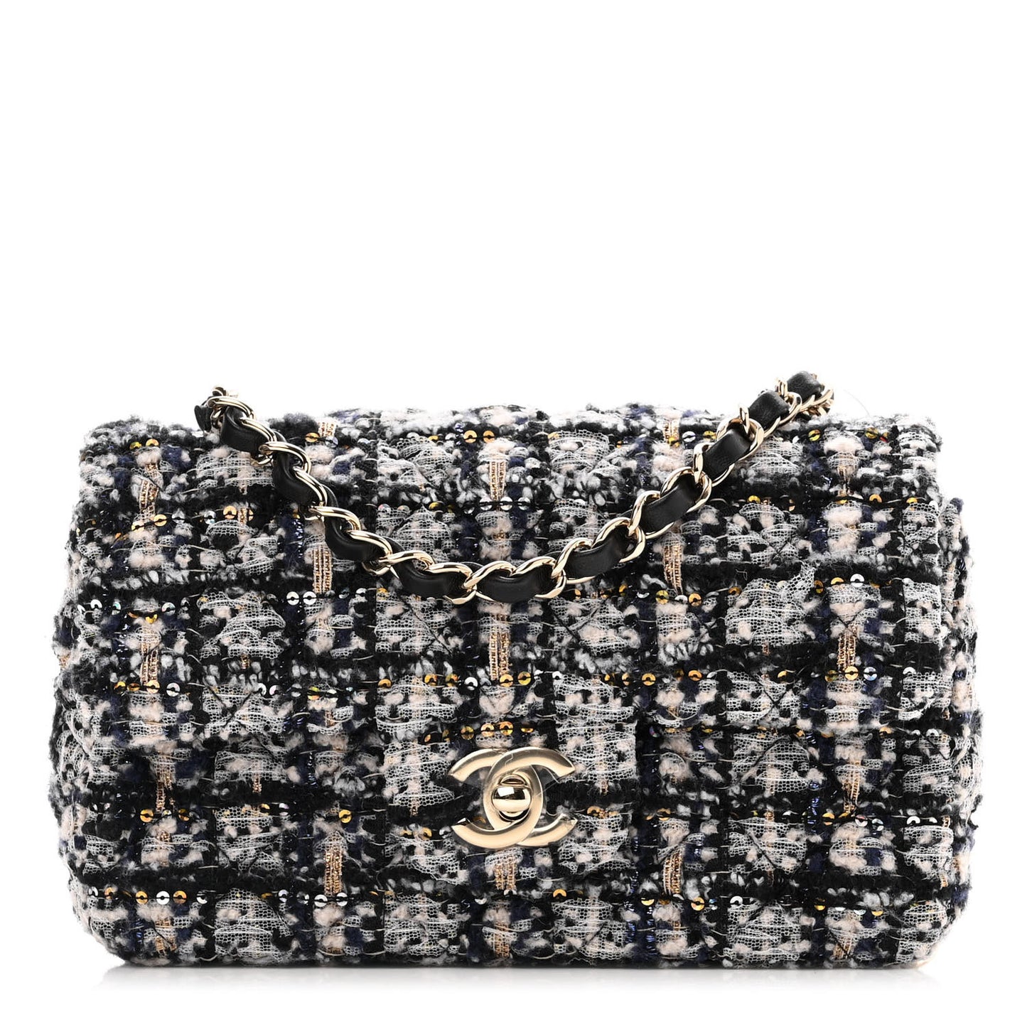 Glittered Tweed Quilted Mini Rectangular Flap Navy Blue