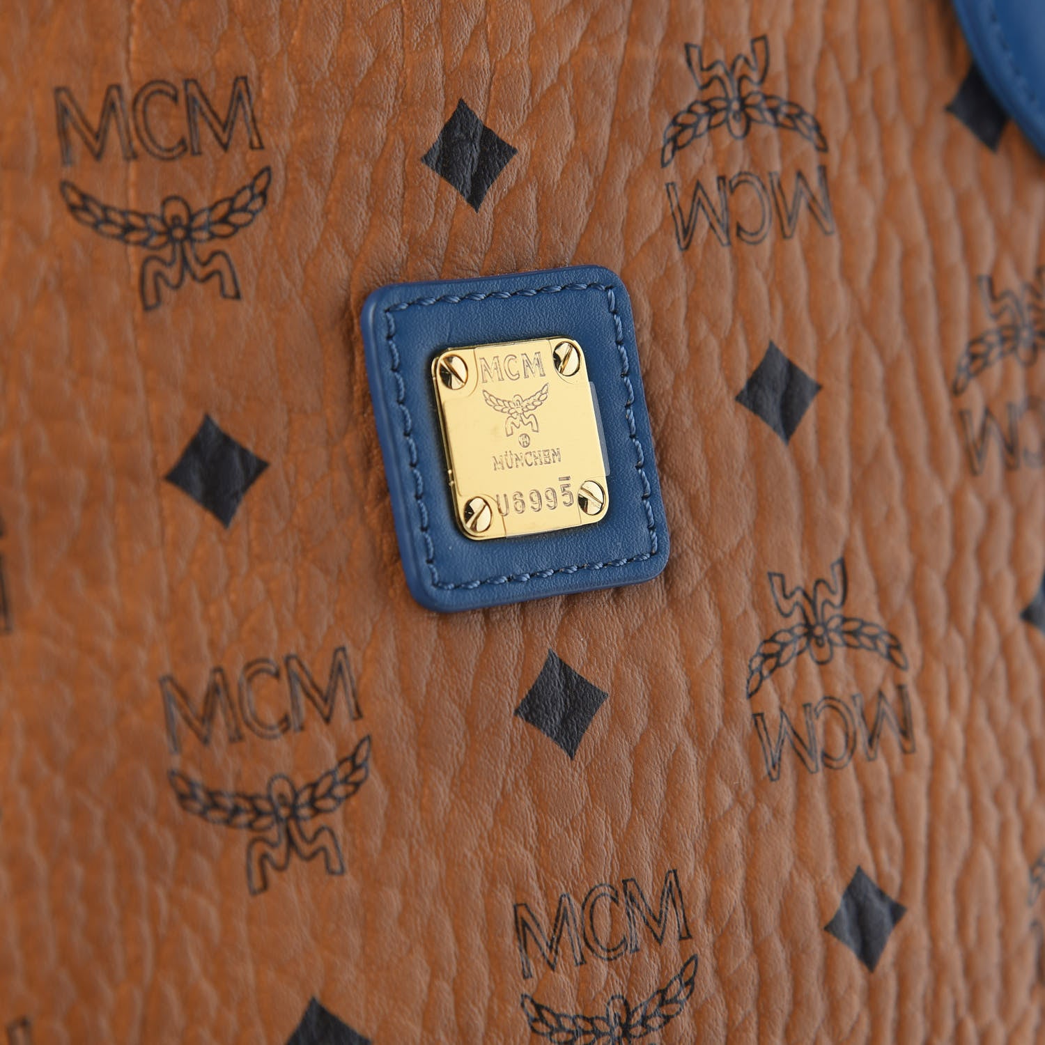 MCM Visetos Medium Shopper Tote Cognac Blue 6 of 8