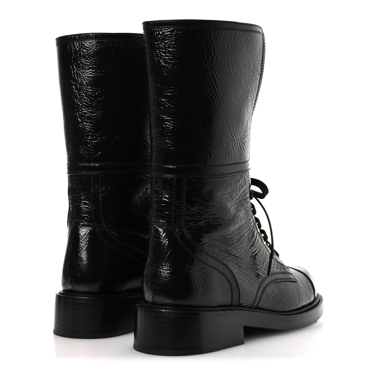Shiny Calfskin Lace Up Combat Boots 38.5 Black