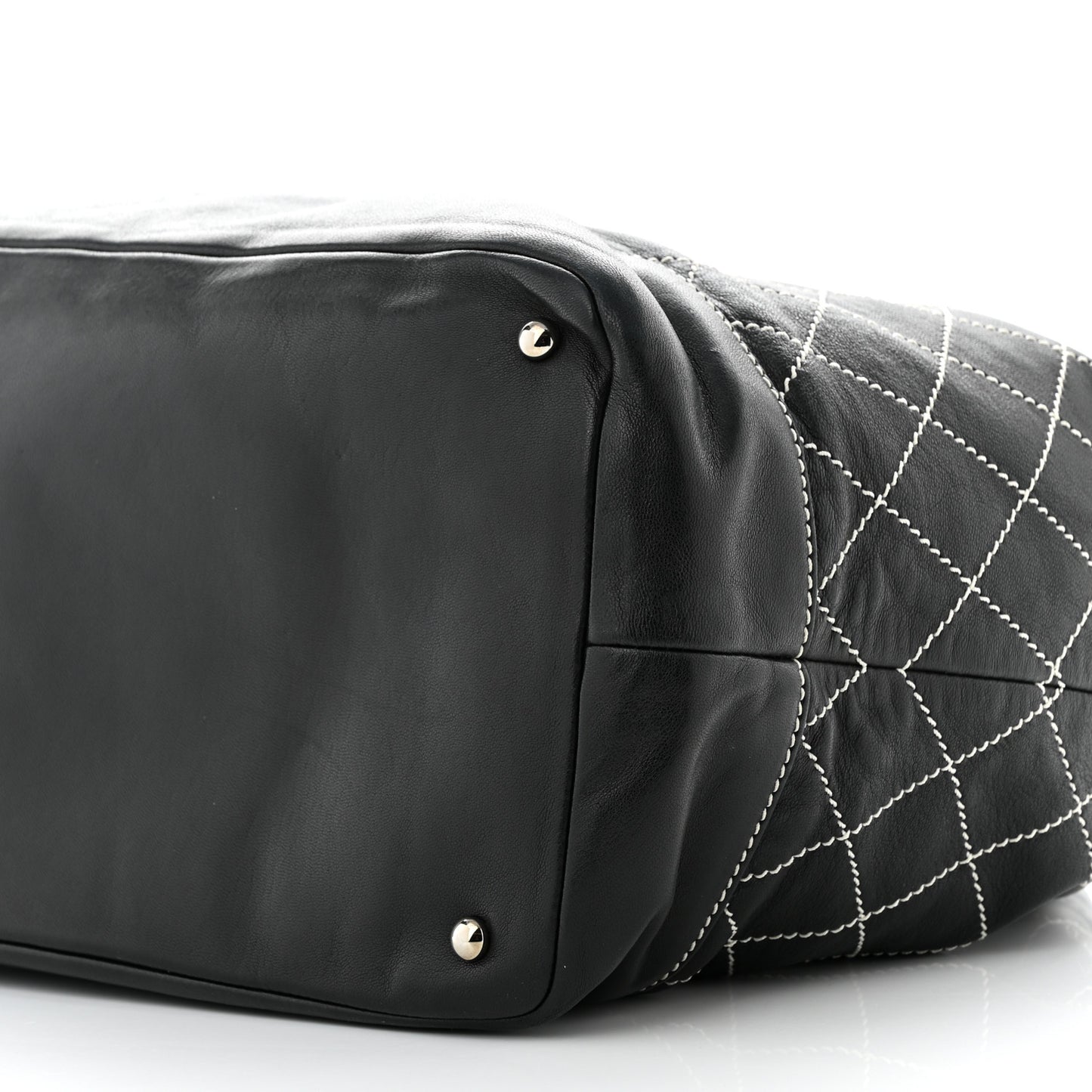 Lambskin Contrast Stitch Large Drawstring Tote Black