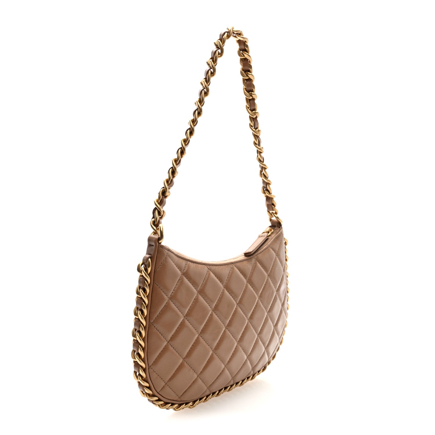 Chanel Shiny Crumpled Lambskin Quilted Trendy Chain Around Hobo Dark Beige 3 of 10