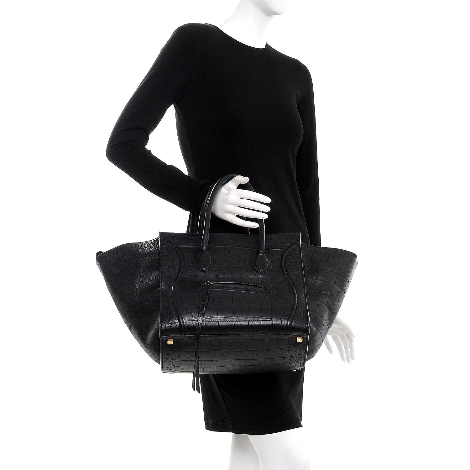 Celine Crocodile Embossed Calfskin Medium Phantom Luggage Black 2 of 12