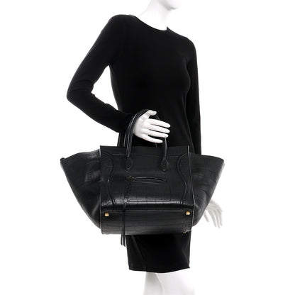 Celine Crocodile Embossed Calfskin Medium Phantom Luggage Black 2 of 12