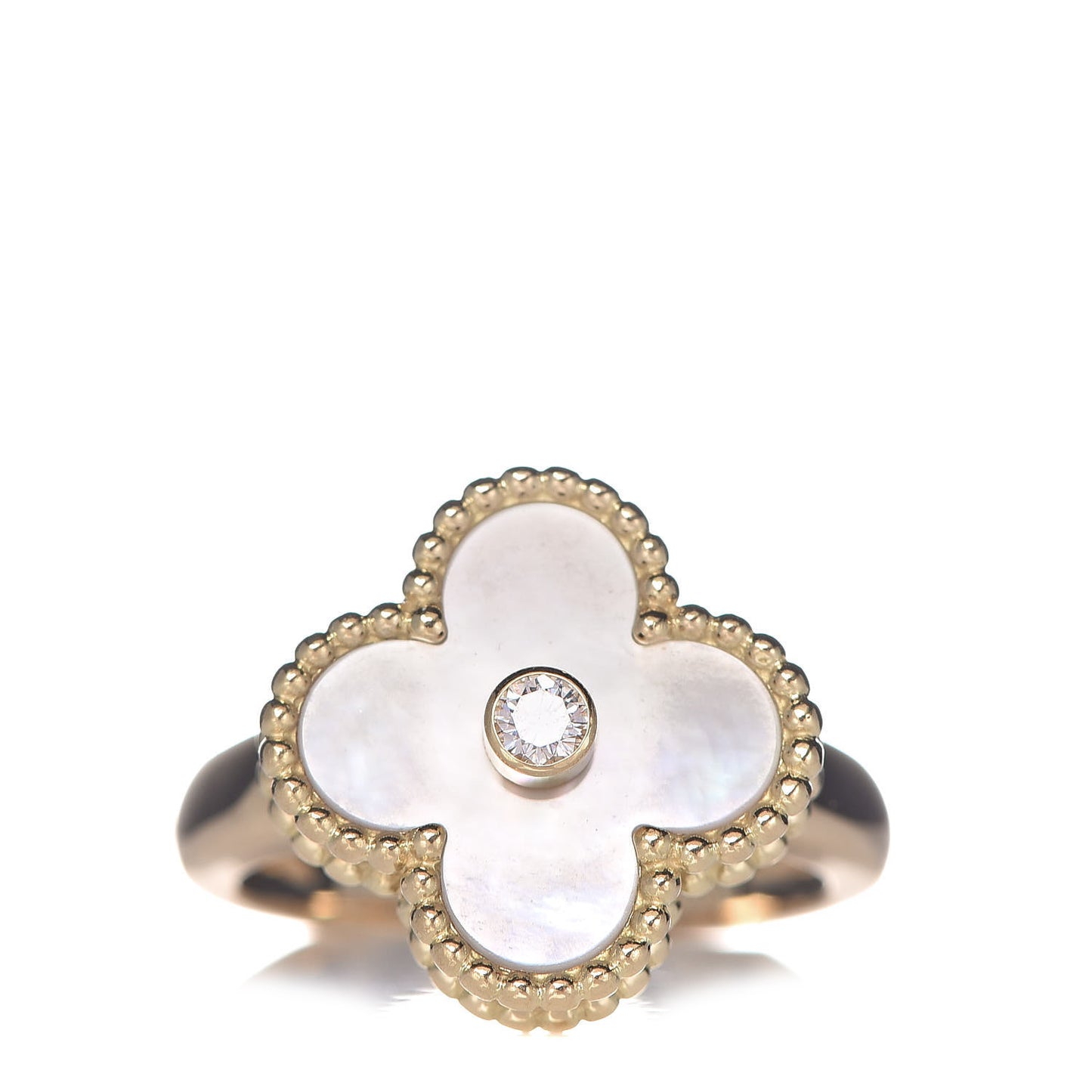 18K Yellow Gold Diamond Mother of Pearl Vintage Alhambra Ring 50 5.25