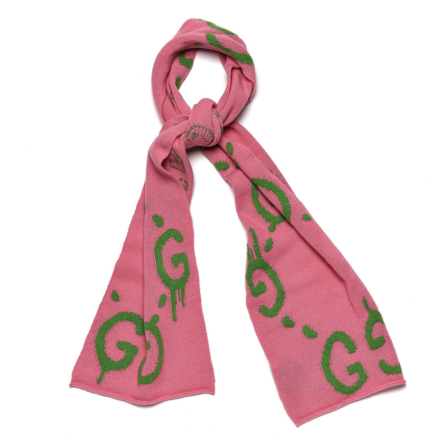 Wool Jacquard Knit GucciGhost Scarf Pink Green