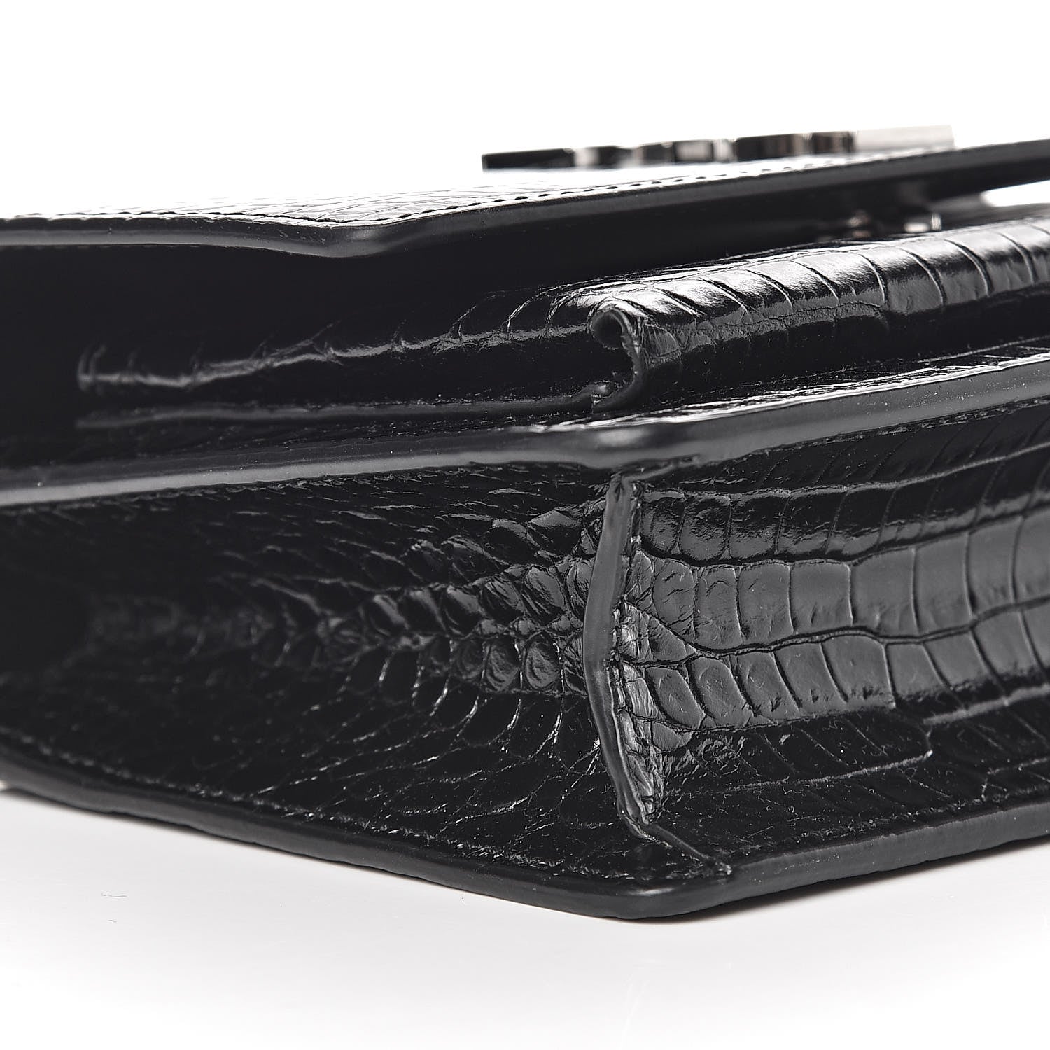 Saint Laurent Calfskin Crocodile Embossed Monogram Sunset Chain Wallet Black 7 of 9