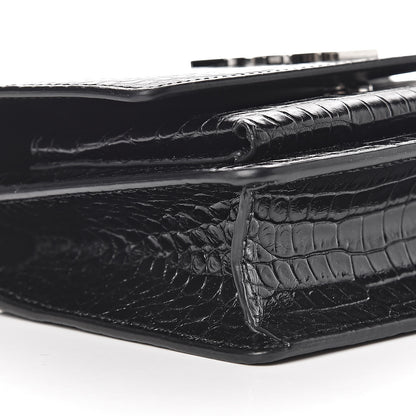 Saint Laurent Calfskin Crocodile Embossed Monogram Sunset Chain Wallet Black 7 of 9