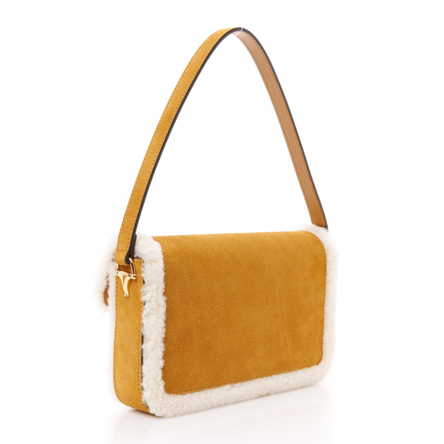 Gucci Suede Shearling Horsebit Mini 1955 Shoulder Bag Honey Beige Milk 4 of 13