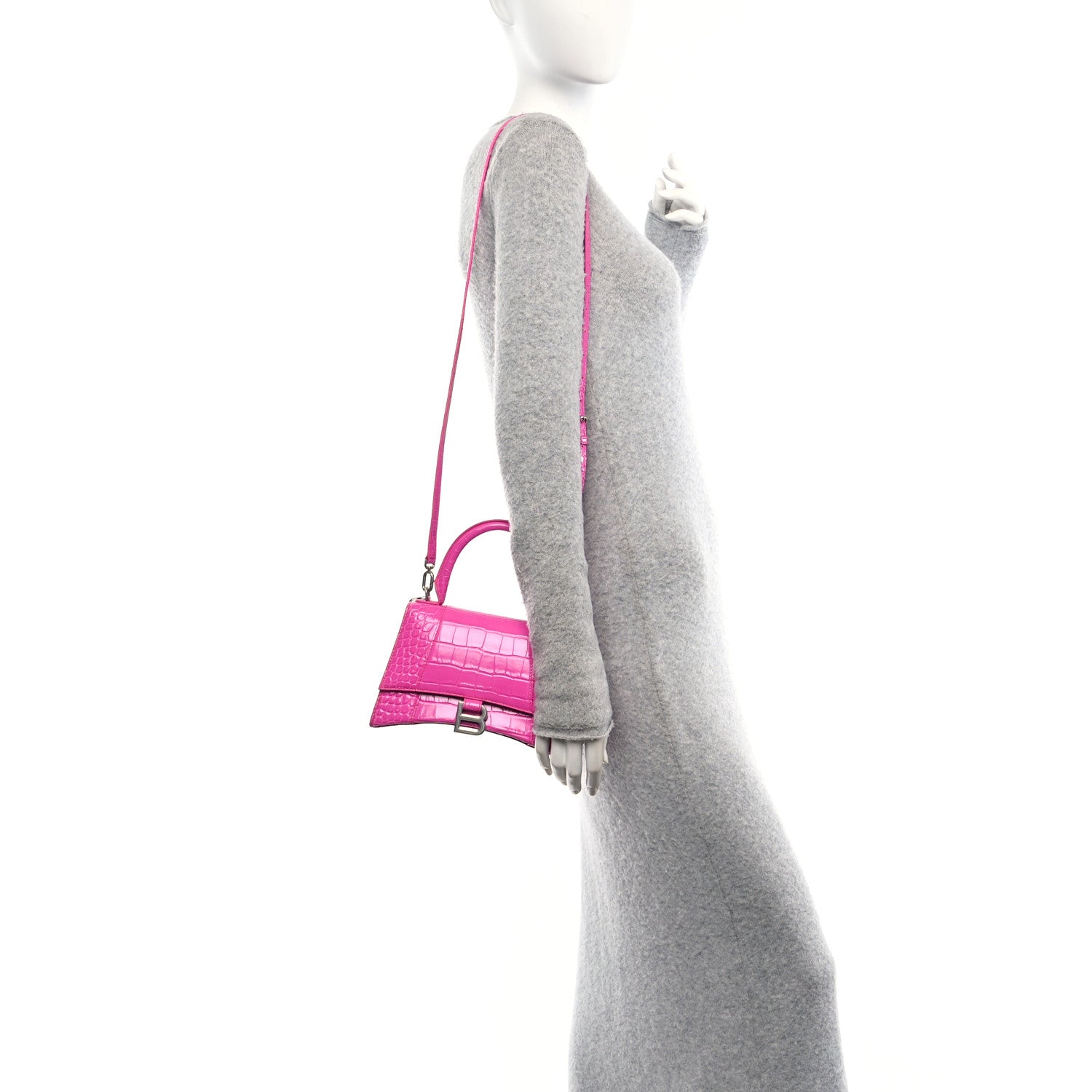 Balenciaga Shiny Calfskin Crocodile Embossed Small Hourglass Top Handle Bag Fuchsia 2 of 12