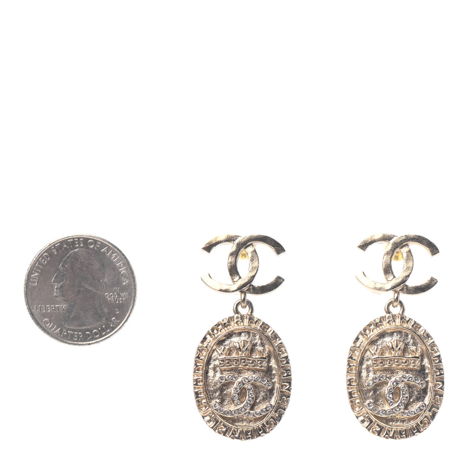 Chanel Crystal CC Medallion Drop Earrings Gold 2 of 4