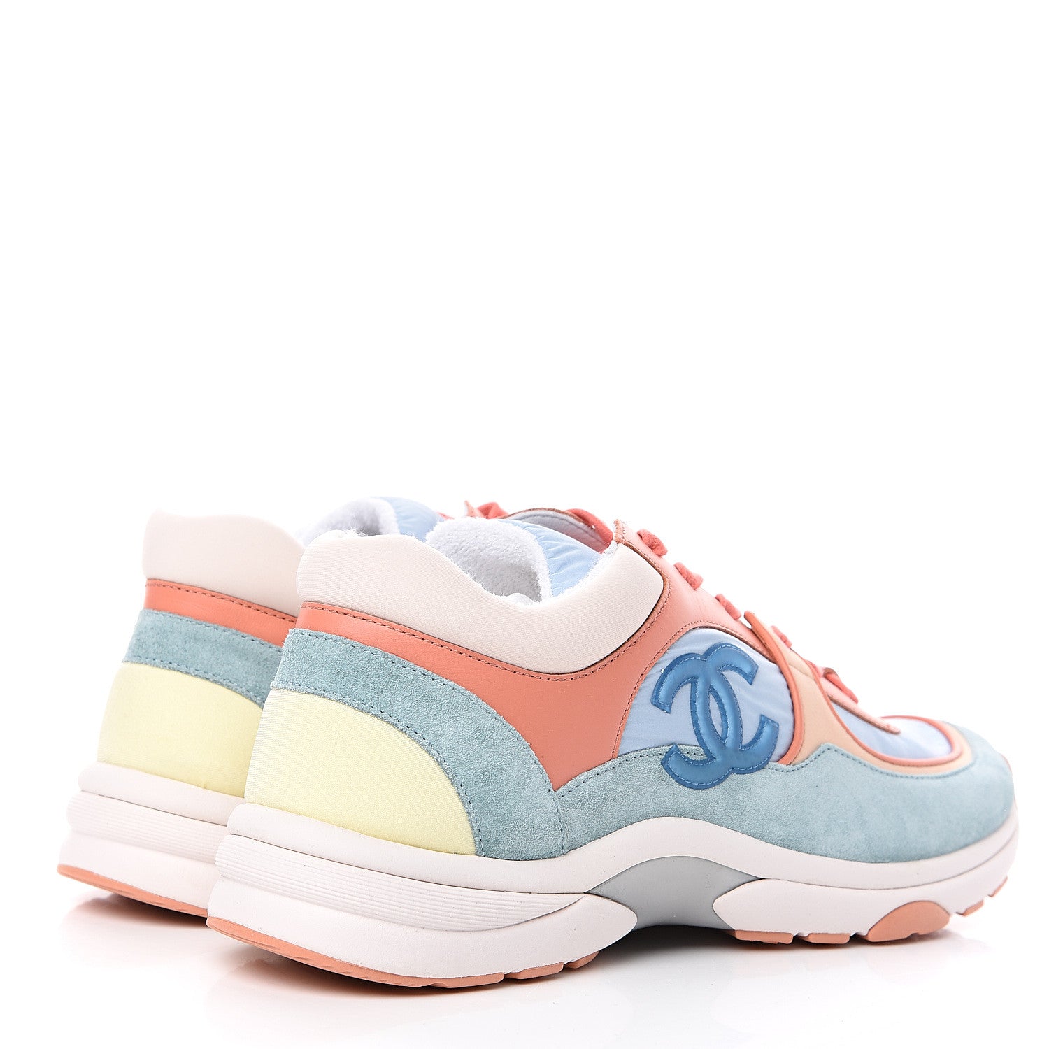 Chanel Nylon Lambskin Suede Calfskin CC Sneakers 40.5 Coral Light Blue White 4 of 9