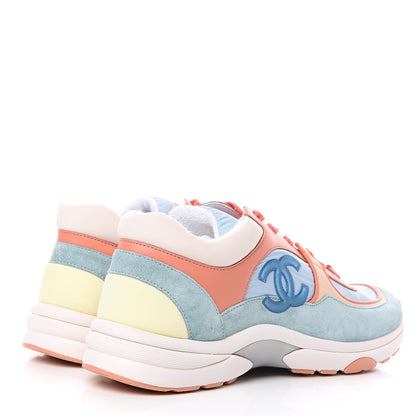 Chanel Nylon Lambskin Suede Calfskin CC Sneakers 40.5 Coral Light Blue White 4 of 9