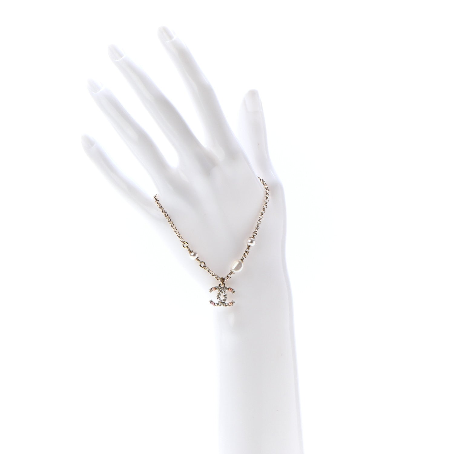 Chanel Pearl Crystal CC Charm Bracelet Light Gold Pink 2 of 5