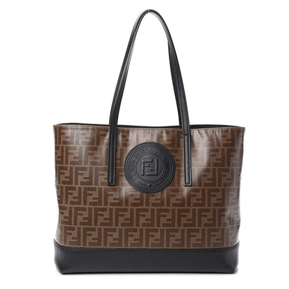 Fendi Glazed Fabric Vitello Century FF 1974 Stamp Patch Shopping Tote Mogano Panna Black 1 of 14