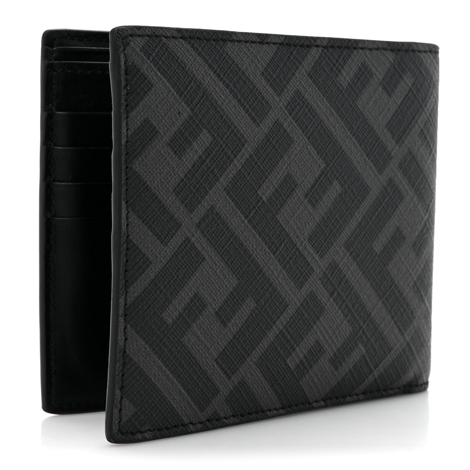 Fendi Glazed Fabric Vitello King FF 1974 Diagonal Bi-Fold Wallet Grey Black Sunflower 3 of 10