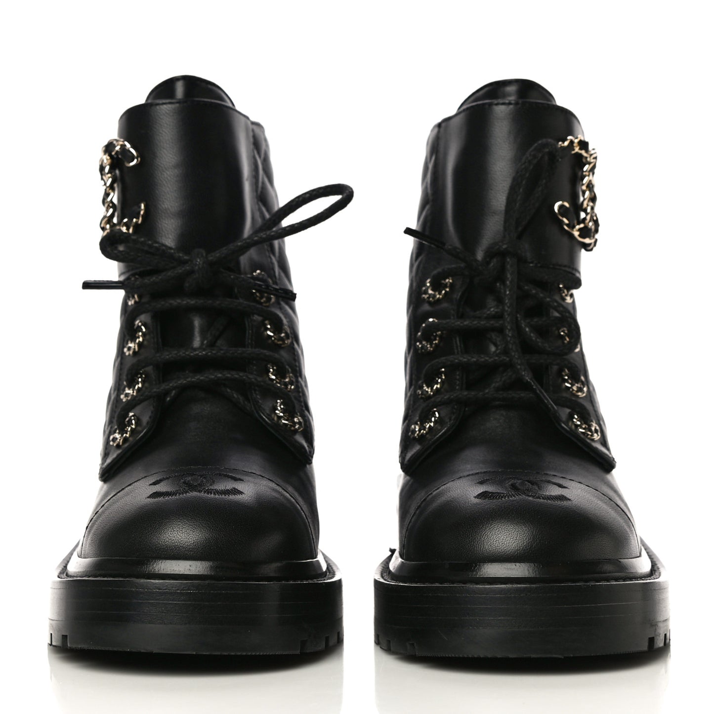 Shiny Lambskin Quilted Lace Up Combat Boots 36 Black