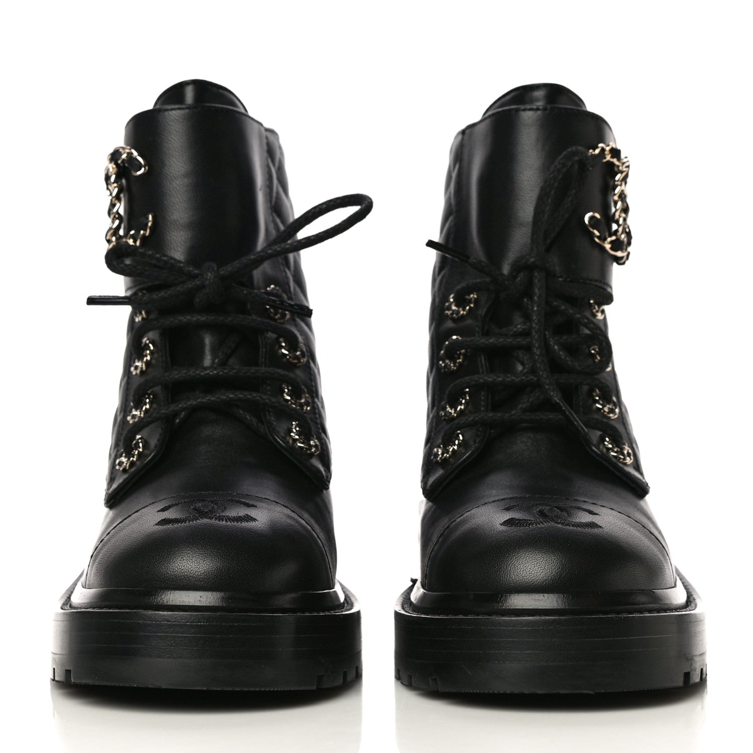 Chanel Shiny Lambskin Quilted Lace Up Combat Boots 36 Black 2 of 14