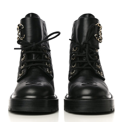 Chanel Shiny Lambskin Quilted Lace Up Combat Boots 36 Black 2 of 14