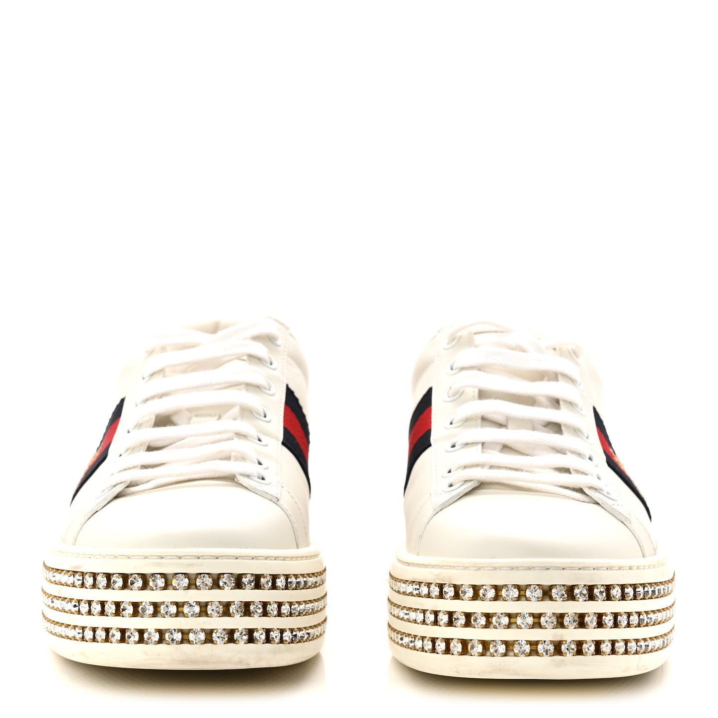 Calfskin Crystal Web Bee Embroidered Womens Ace Platform Sneakers 39 White