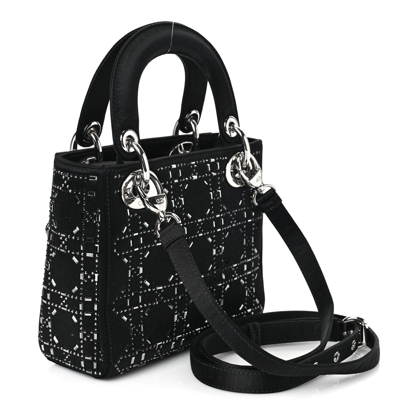 Satin Crystal Cannage Mini Lady Dior Black