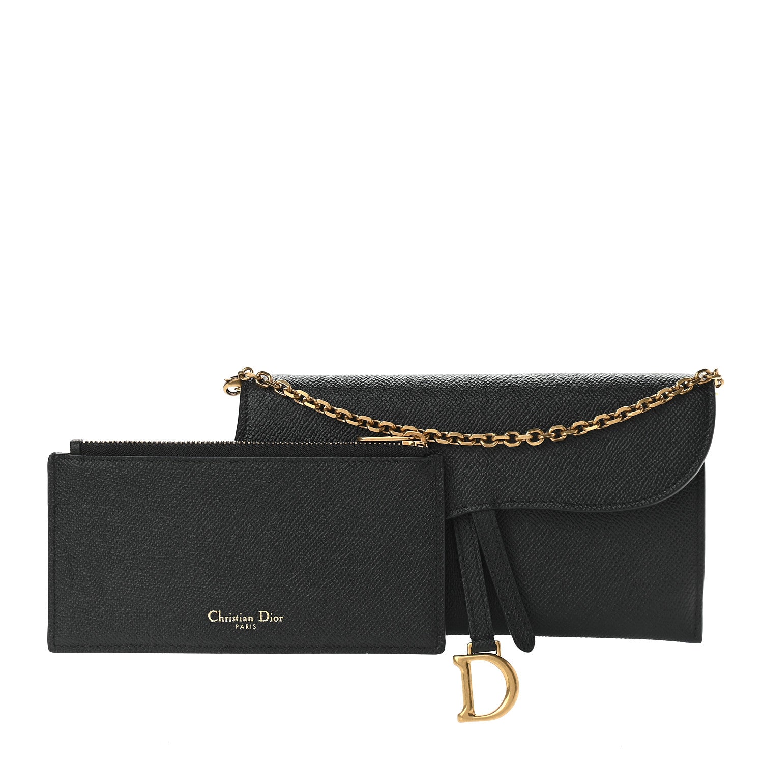 Christian Dior Grained Calfskin Saddle Chain Wallet Pouch Black 1 of 12