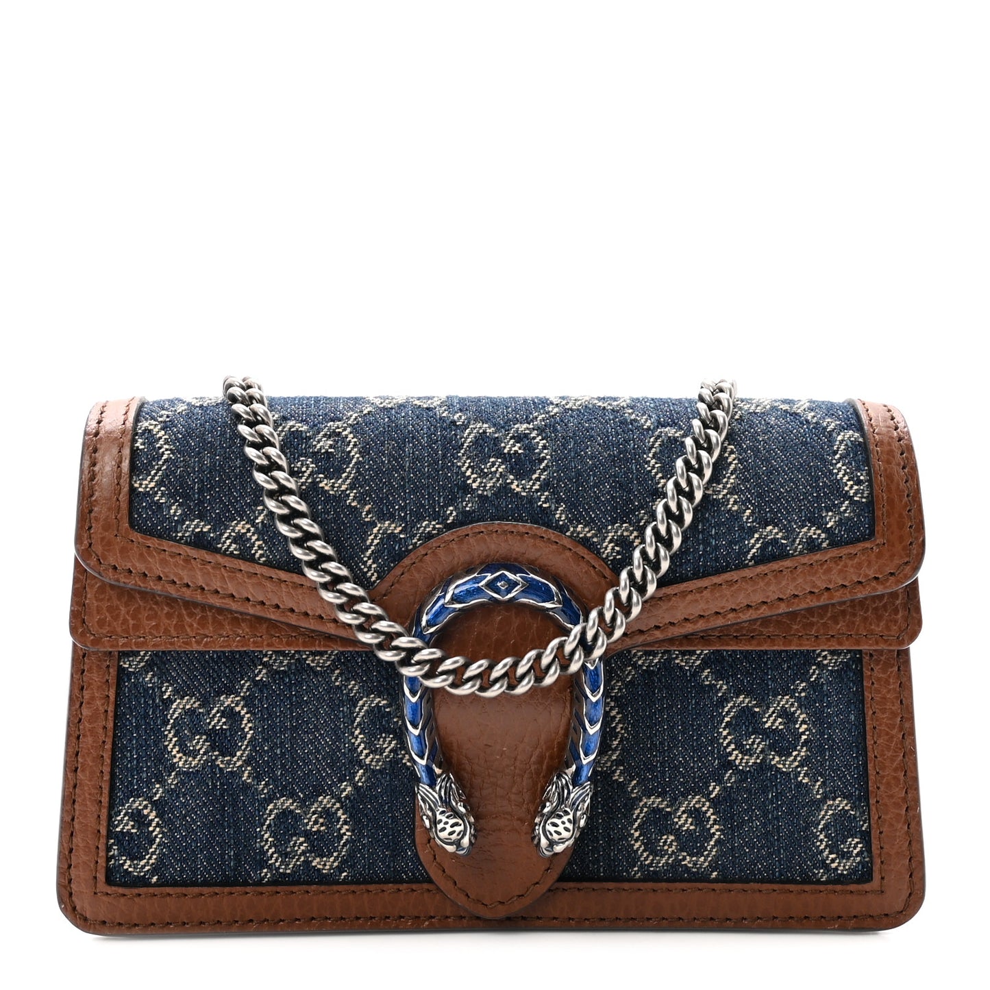 New Denim GG Monogram Dollar Calfskin Enamel Super Mini Dionysus Shoulder Bag Blue Tea Cuir Epilog Electric Blue