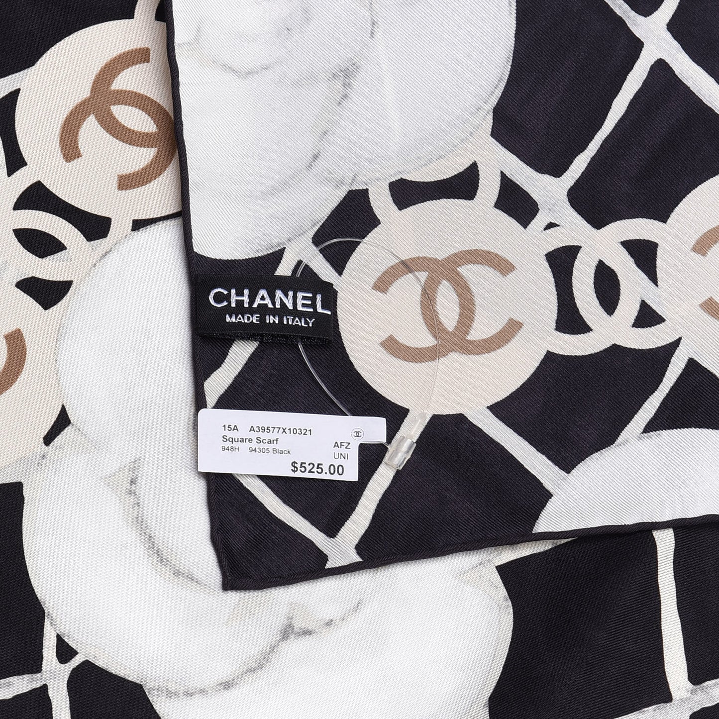 Silk CC Logo Camellia Scarf White Black
