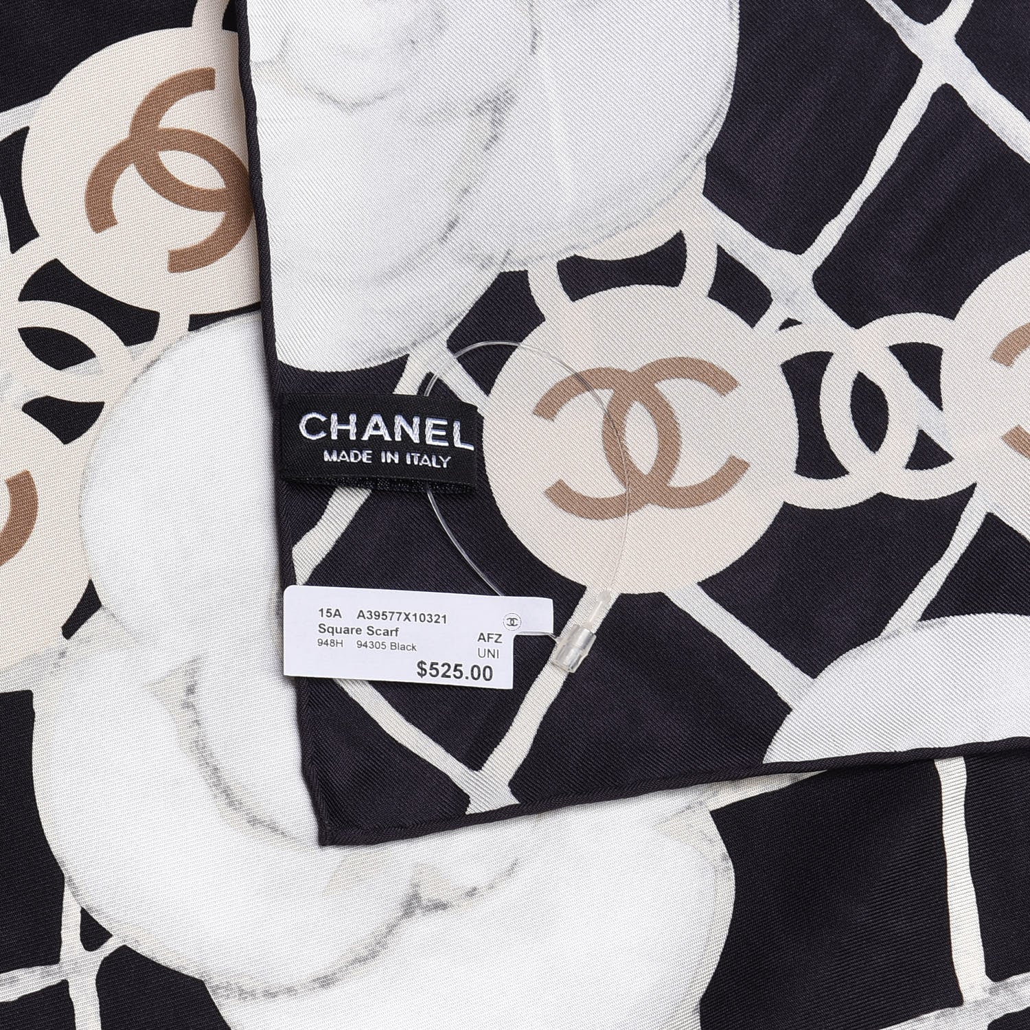 Chanel Silk CC Logo Camellia Scarf White Black 3 of 3