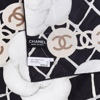 Chanel Silk CC Logo Camellia Scarf White Black 3 of 3