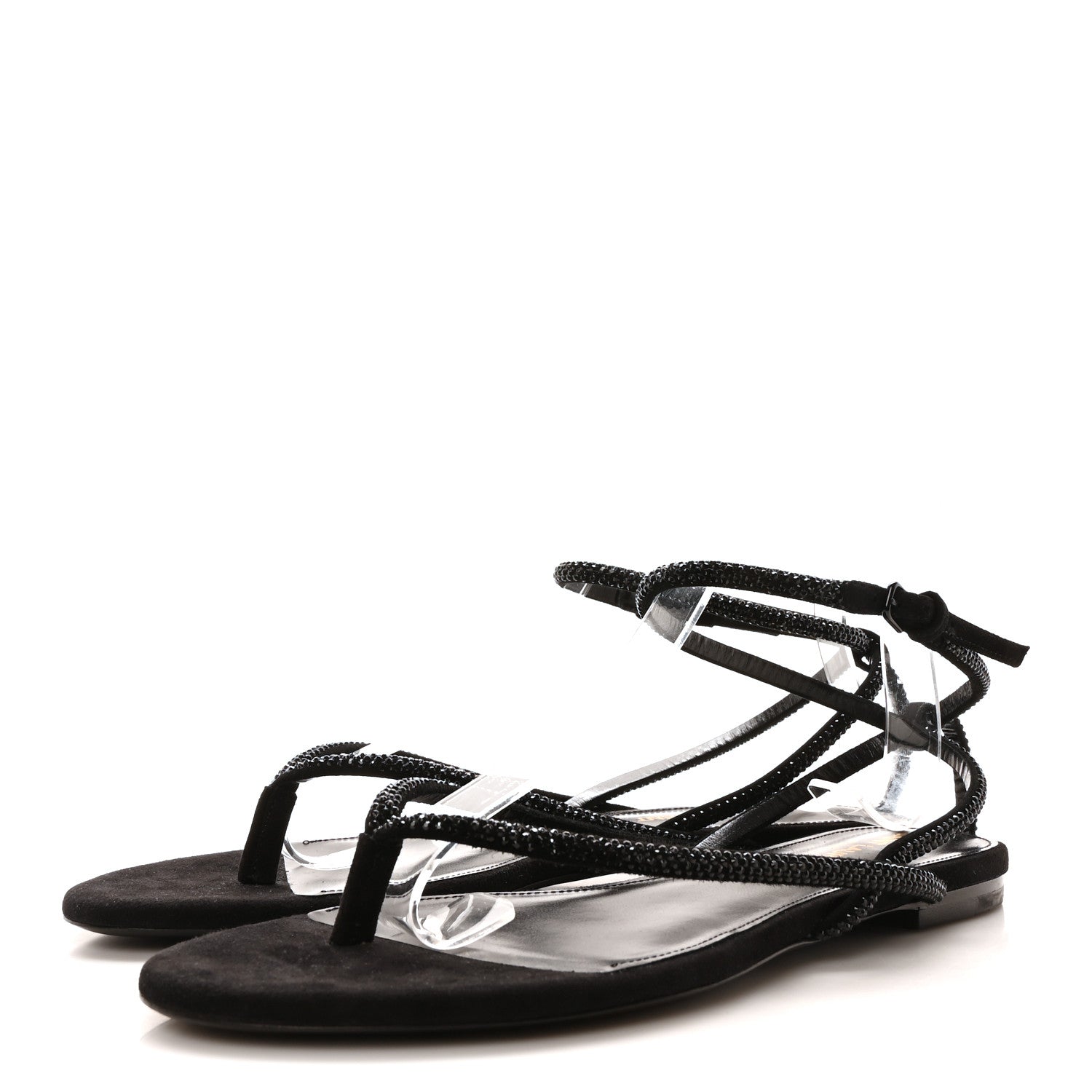 Saint Laurent Suede Calfskin Crystal Embellished Nadja Sandals 37.5 Black 4 of 9