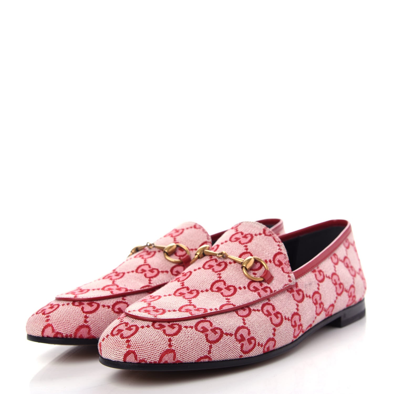 Gucci Canvas GG Monogram Horsebit Womens Jordaan Loafers 38 Gardenia Hibiscus Red 3 of 11