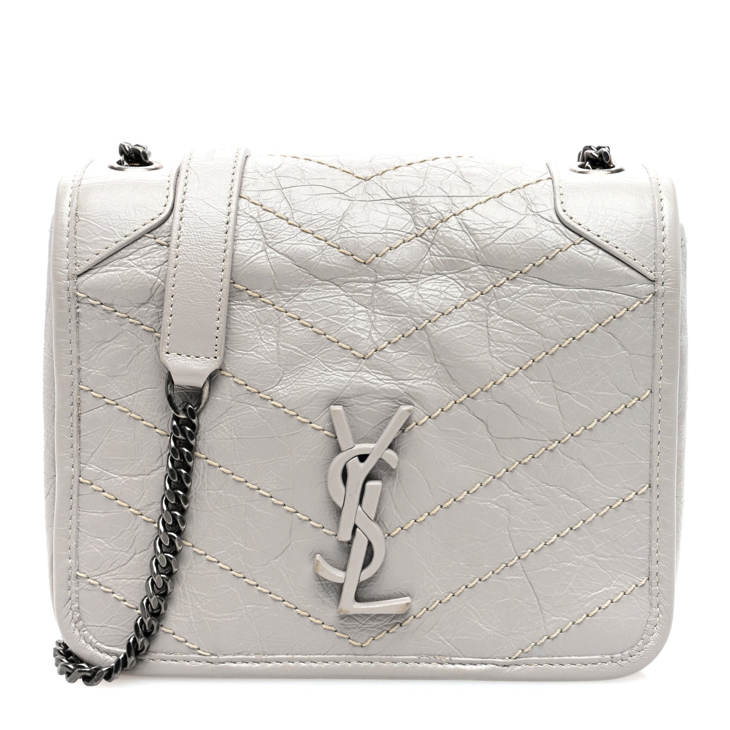 Saint Laurent Crinkled Calfskin Matelasse Monogram Niki Chain Wallet Light Grey 1 of 9