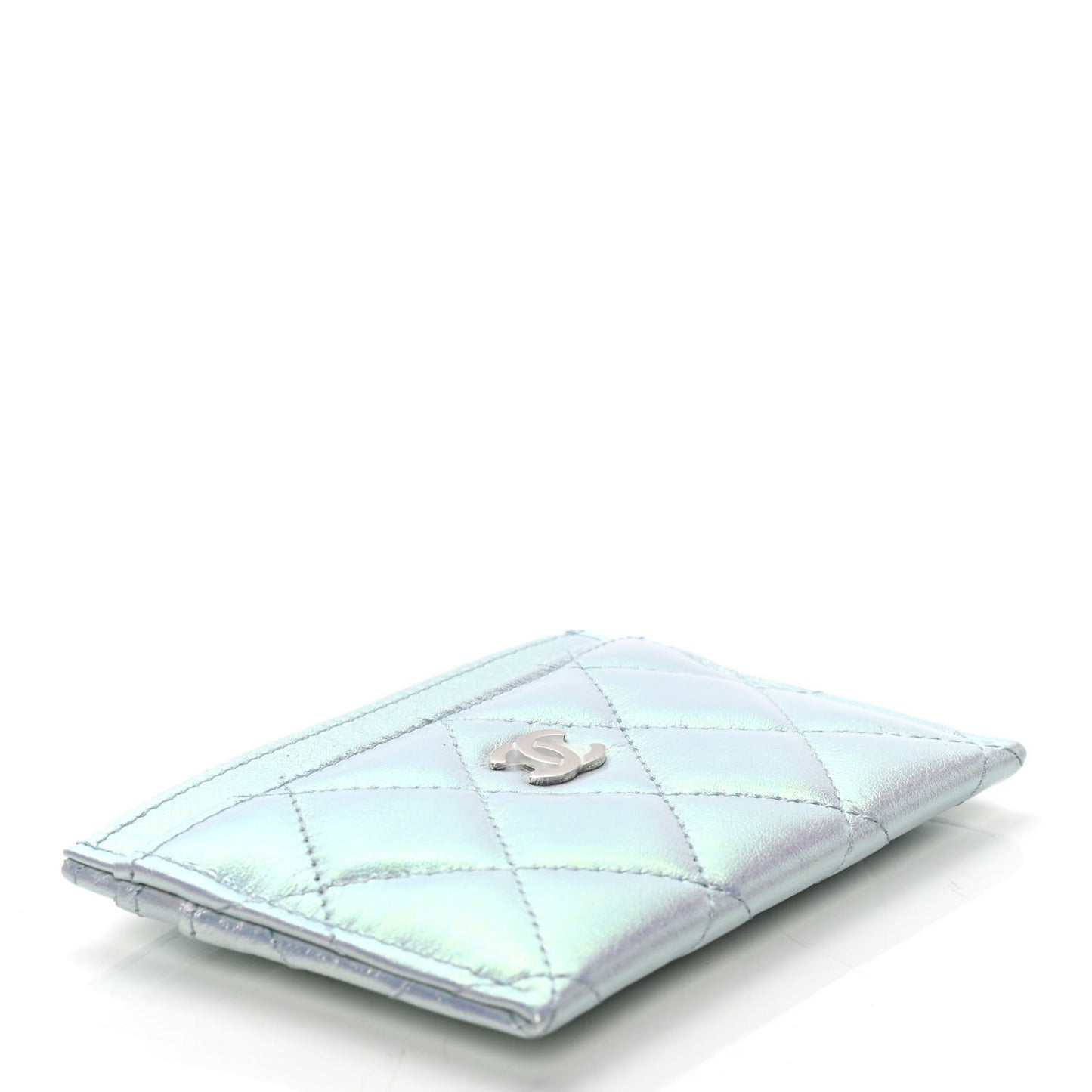 Iridescent Lambskin Quilted Card Holder Light Blue