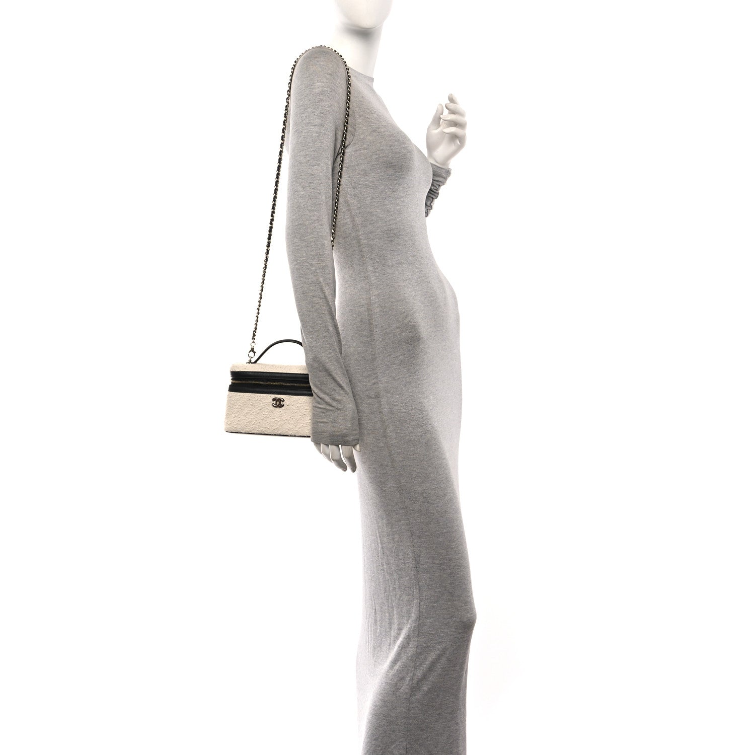 Chanel Boucle Calfskin Top Handle Slim Vanity Case With Chain Ecru Black 2 of 10