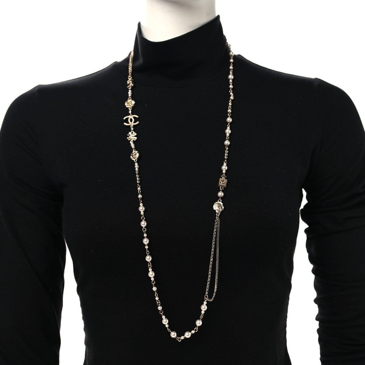 Chanel Pearl Crystal Graduated CC No.5 Perfume Bottle Flower Long Necklace Gold White 2 of 5