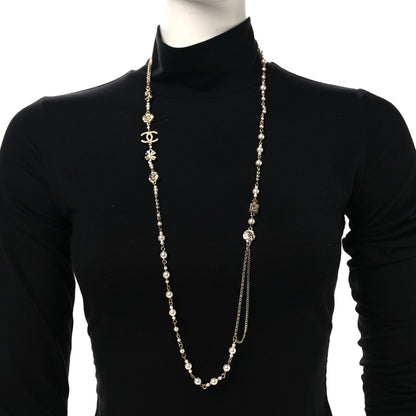 Chanel Pearl Crystal Graduated CC No.5 Perfume Bottle Flower Long Necklace Gold White 2 of 5