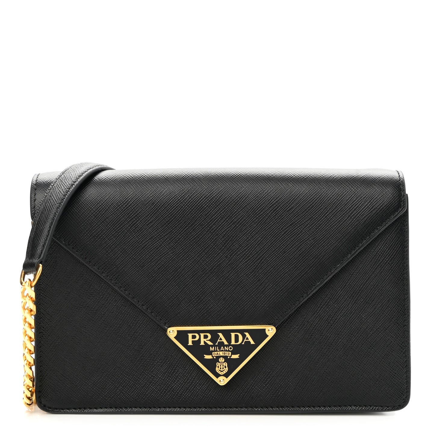 Saffiano Lux Metal Triangle Logo Mini Envelope Chain Shoulder Bag Black
