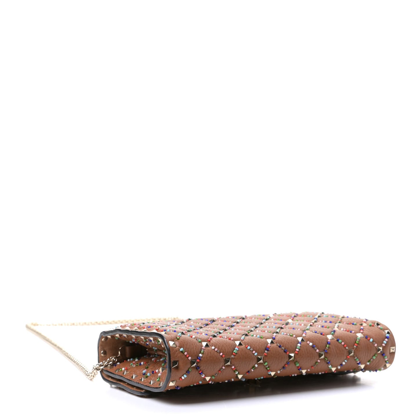 Grained Calfskin Beaded Rockstud Spike Wallet on Chain Light Cuir