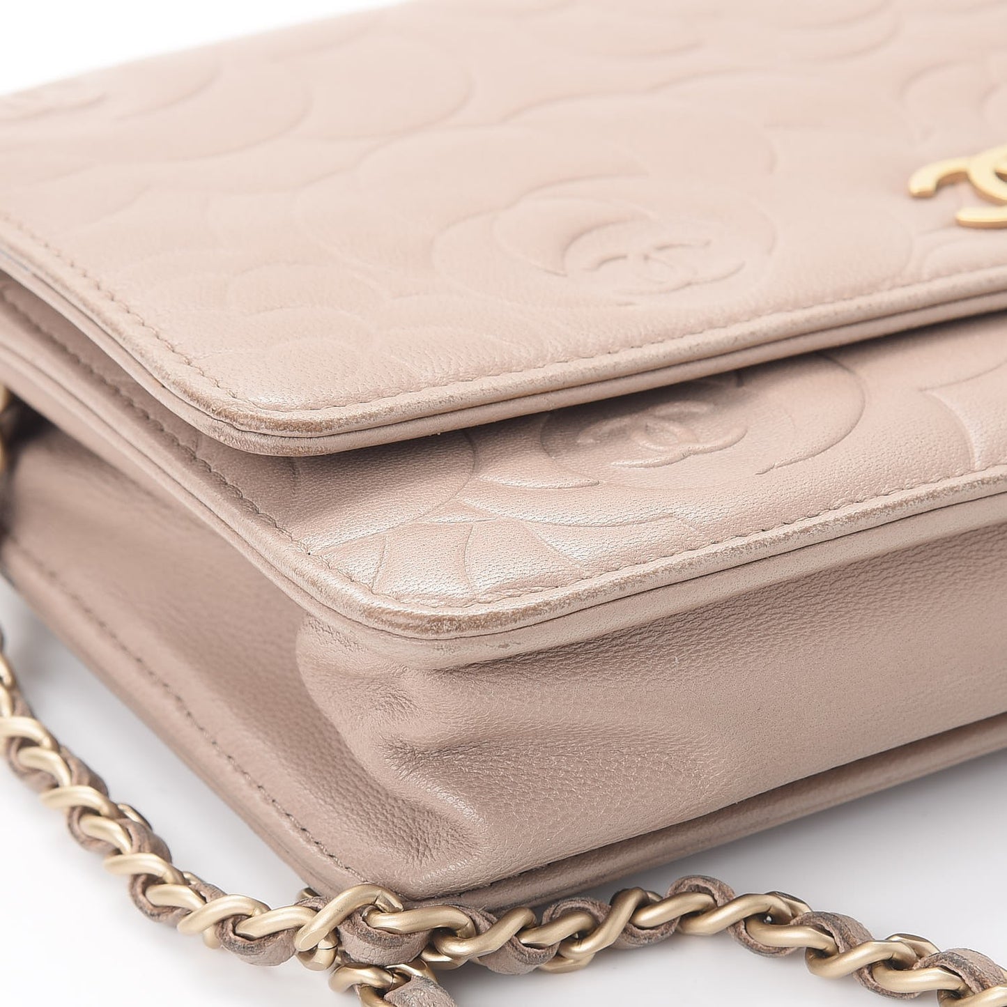 Lambskin Camellia Embossed Wallet on Chain WOC Beige