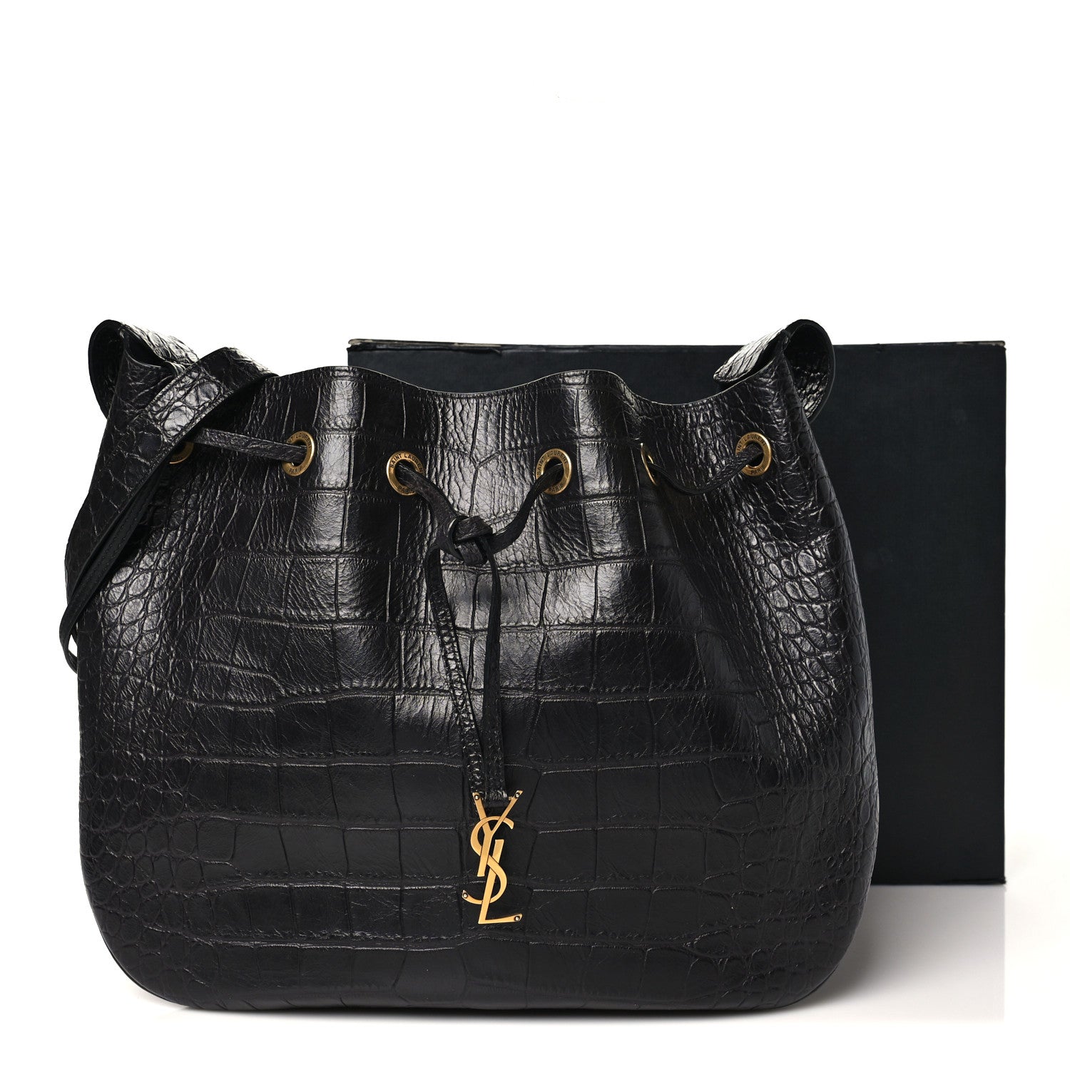 Saint Laurent Calfskin Crocodile Embossed Paris VII Large Flat Hobo Black 11 of 11