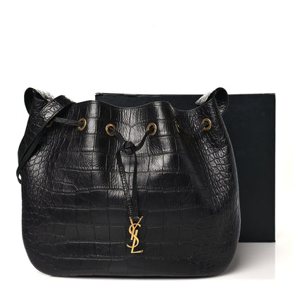 Saint Laurent Calfskin Crocodile Embossed Paris VII Large Flat Hobo Black 11 of 11