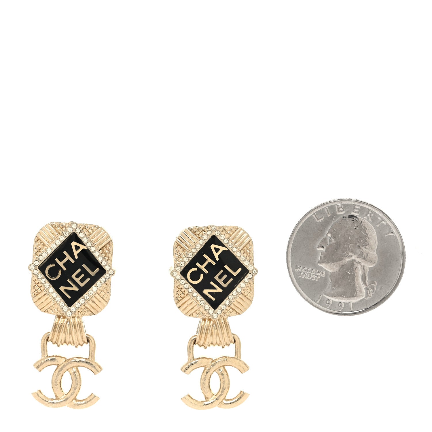 Chanel Resin Crystal Quilted CC Drop Earrings Black Gold 2 of 4