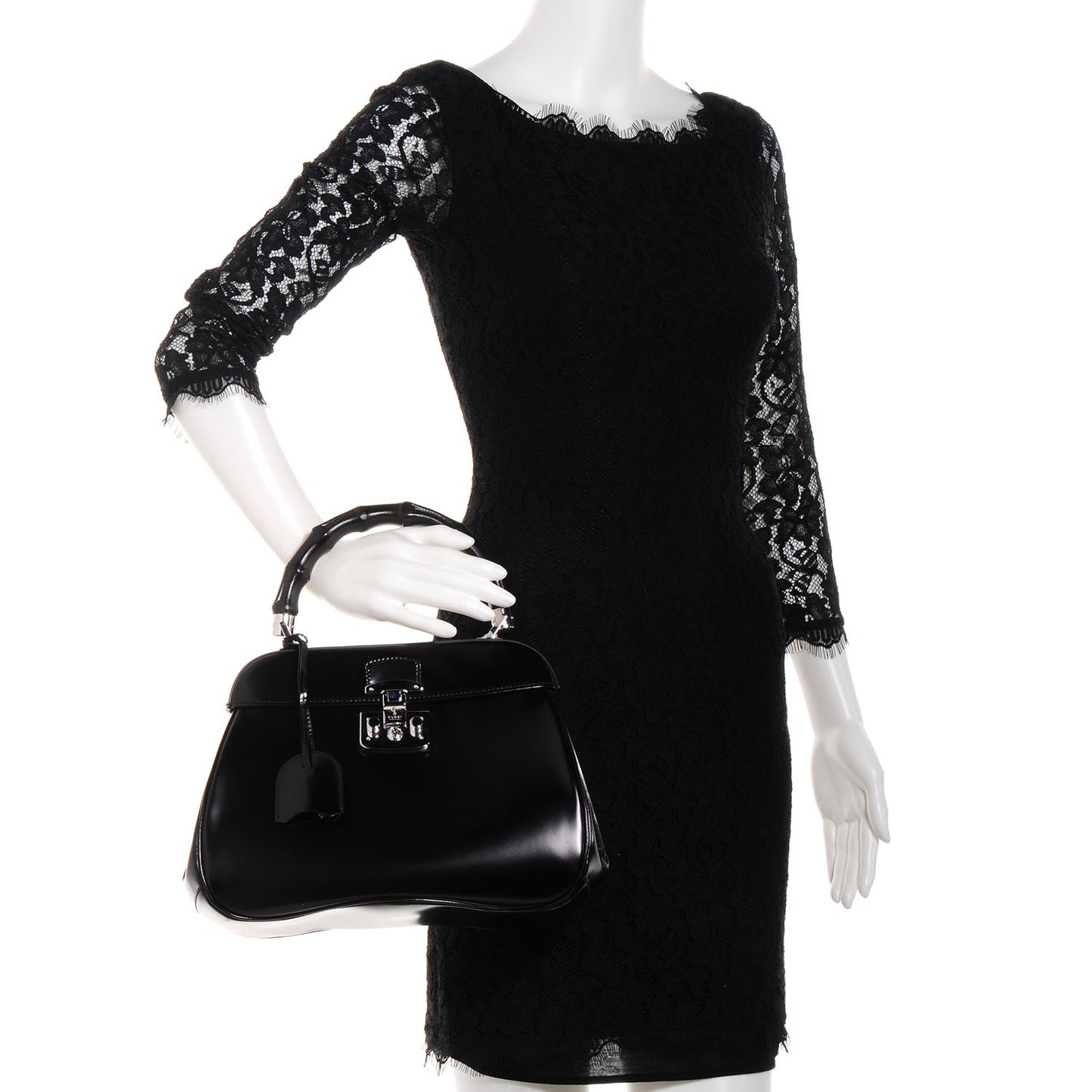 Regent Calfskin Bamboo Medium Lady Lock Top Handle Bag Black