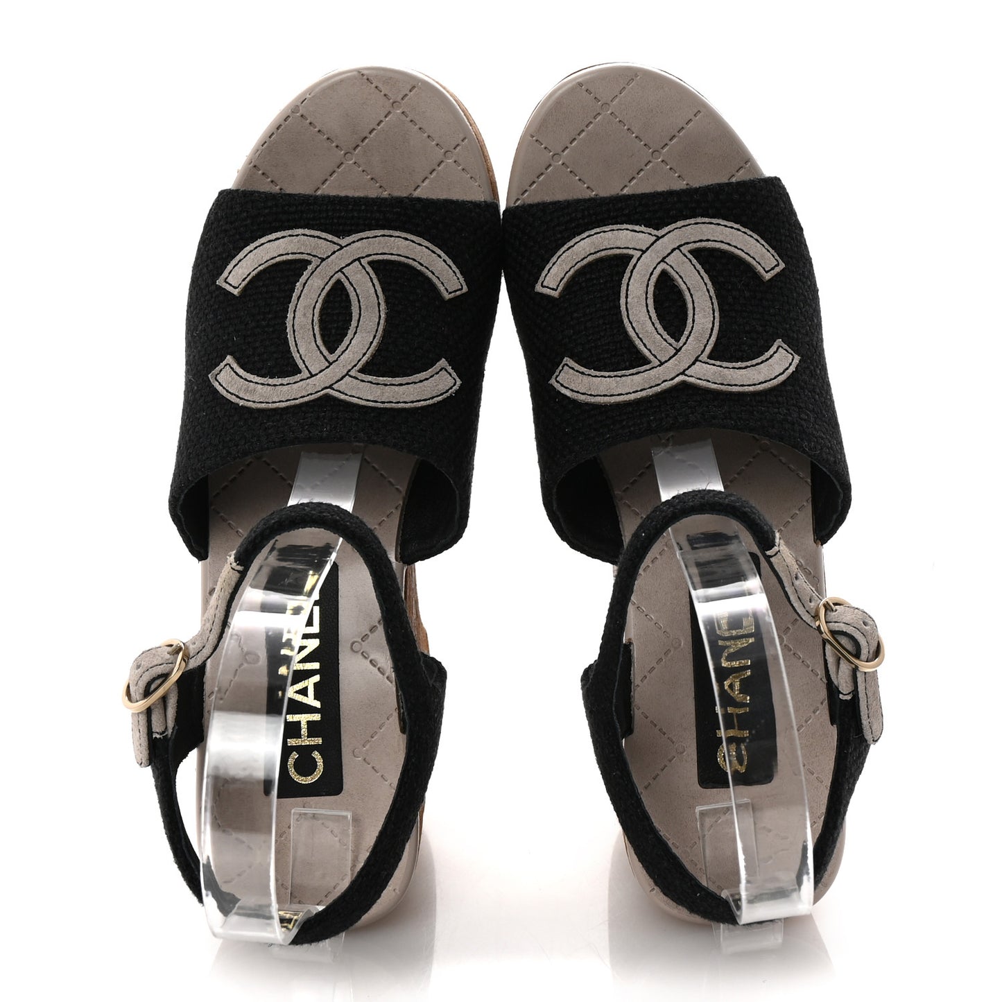 Fabric Calfskin Platform Wedge Sandals 37 Black