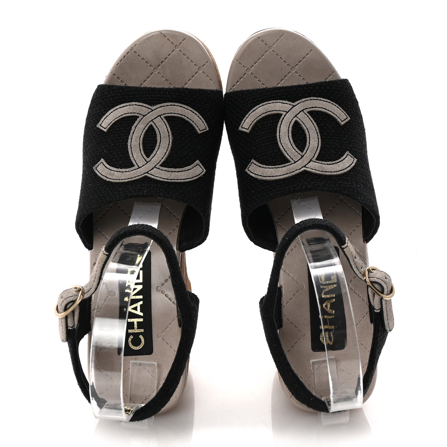 Chanel Fabric Calfskin Platform Wedge Sandals 37 Black 2 of 10