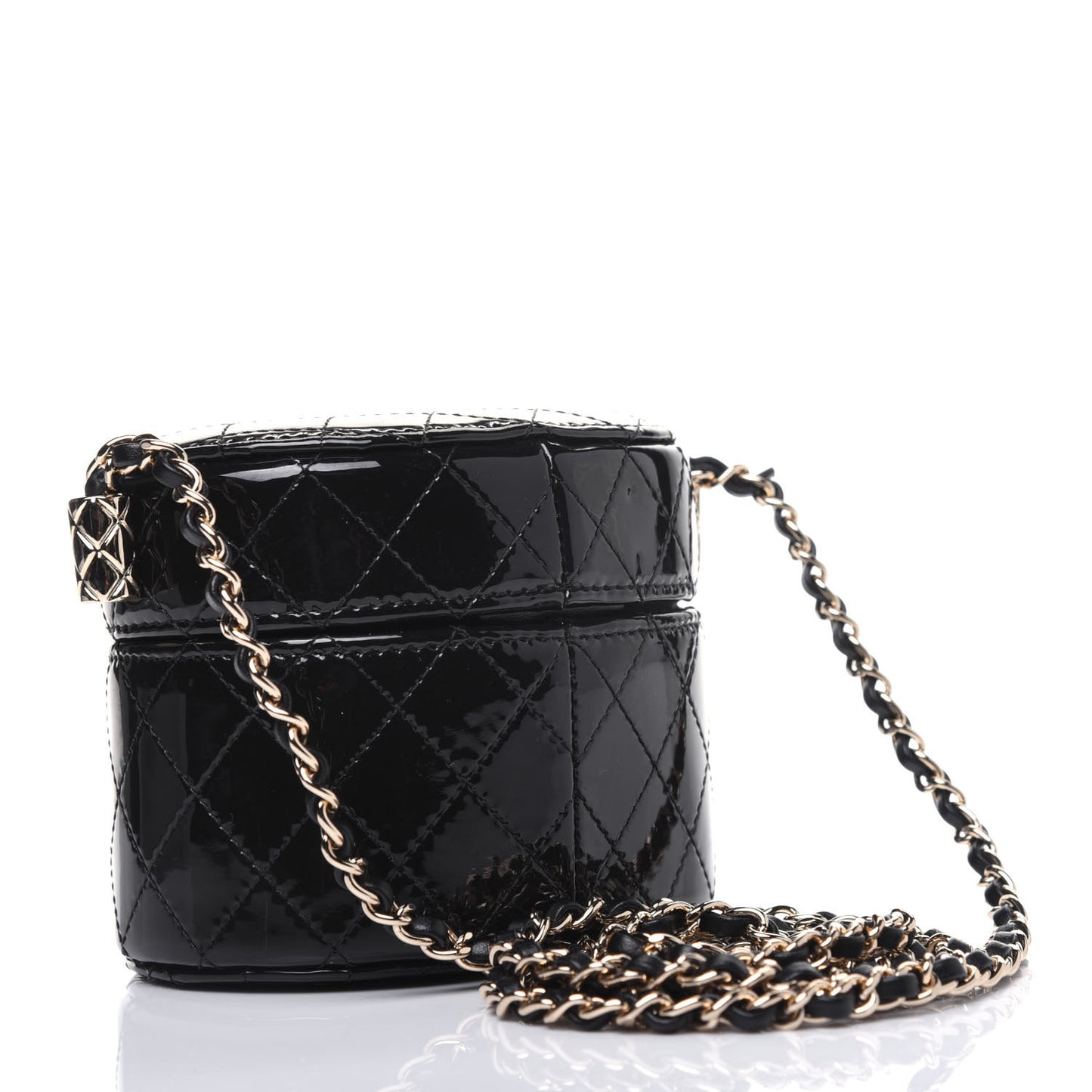 Patent Quilted Round Mini Vanity Case With Chain Black