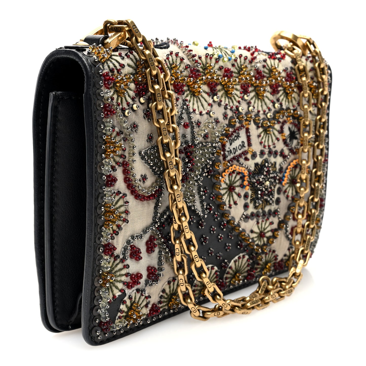 Calfskin Bead Embroidered J Adior Chain Flap Bag Black Multicolor