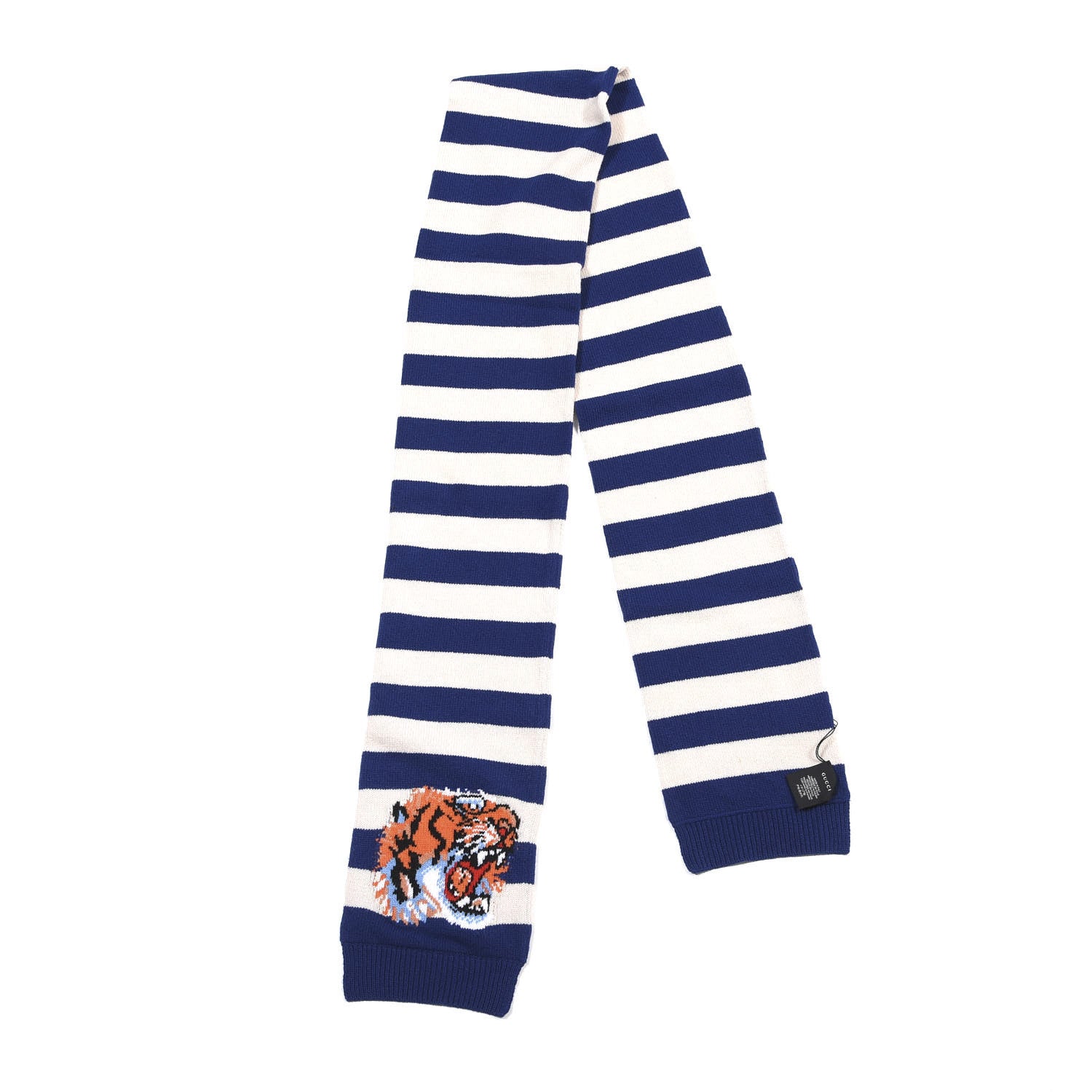 Gucci Wool Tricot Striped Tiger Scarf Sapphire Ivory 2 of 4